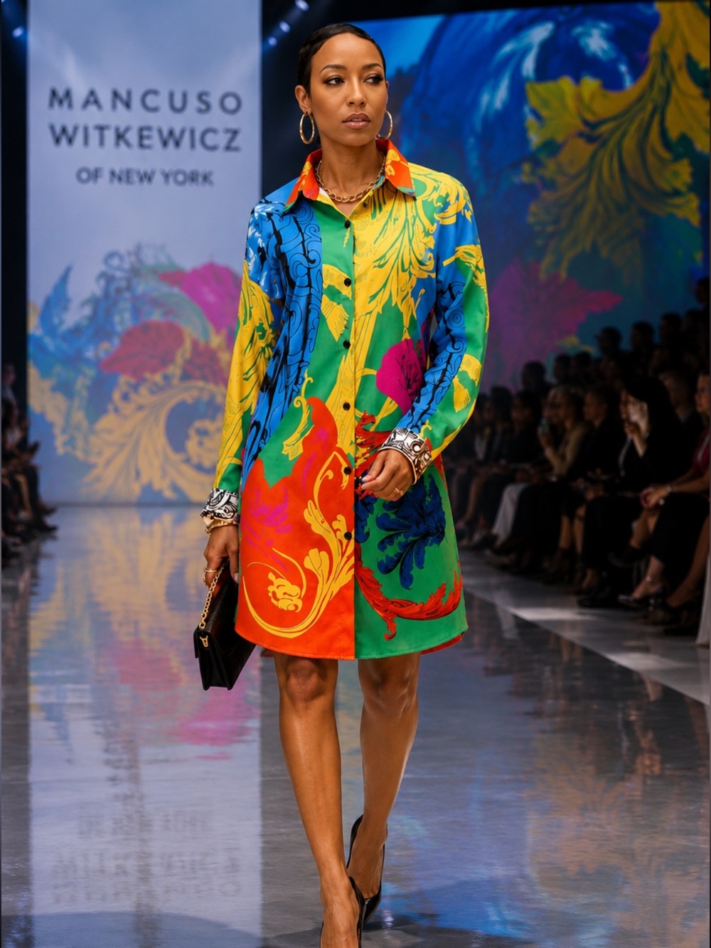 COLORFUL VIBRANT BAROQUE/FLORAL PRINT LONG SLEEVE BUTTON DOWN SHIRT DRESS SZ L